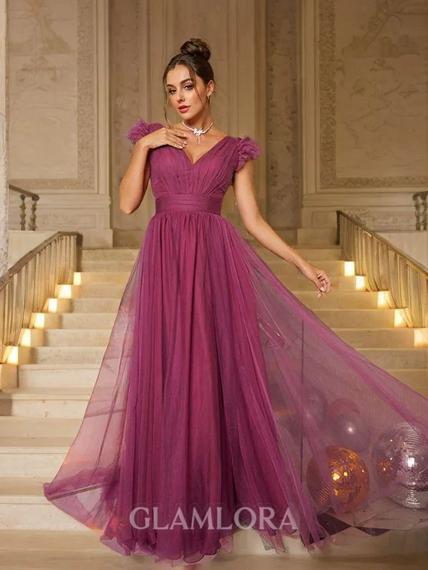 A-line V-Neck Stunning Sleeveless Floor-Length Tulle Evening Dresses