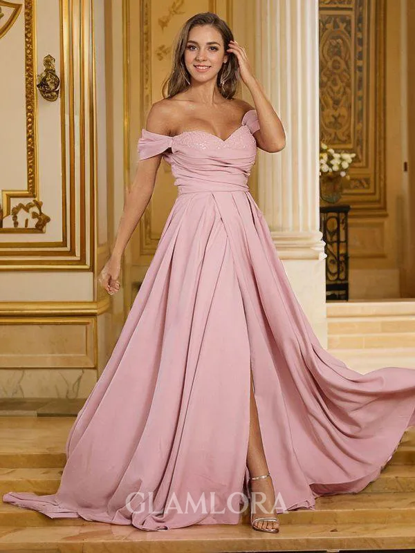 A-line Off-the-Shoulder Perfect Sleeveless Sweep Train Stretch Crepe Evening Dresses