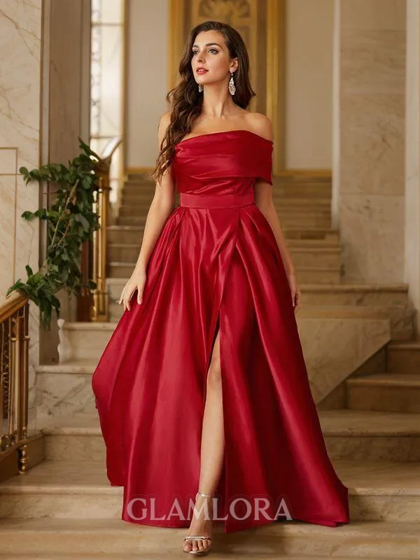 A-line One-Shoulder Sleeveless Subtle Sweep Train Satin Evening Dresses