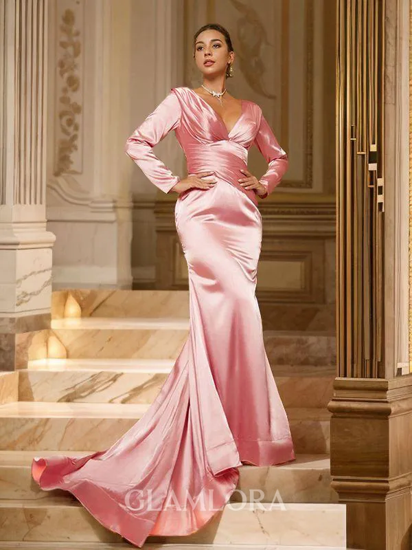 Sheath/Column V-Neck Sultry Long Sleeves Sweep Train Silk like Satin Evening Dresses
