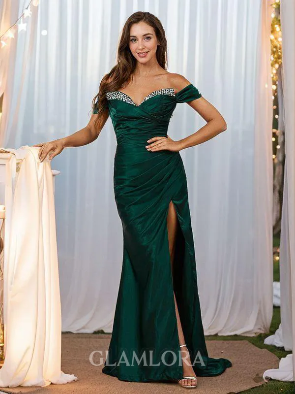 Sheath/Column Off-the-Shoulder Flattering Sleeveless Sweep Train Silk like Satin Evening Dresses