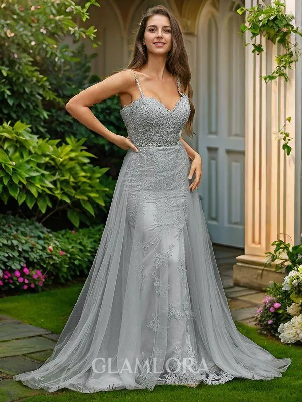 A-line V-Neck Chic Sleeveless Sweep Train Tulle Evening Dresses