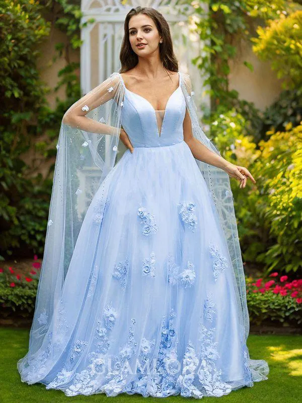 A-line V-Neck Timeless Sleeveless Sweep Train Tulle Evening Dresses