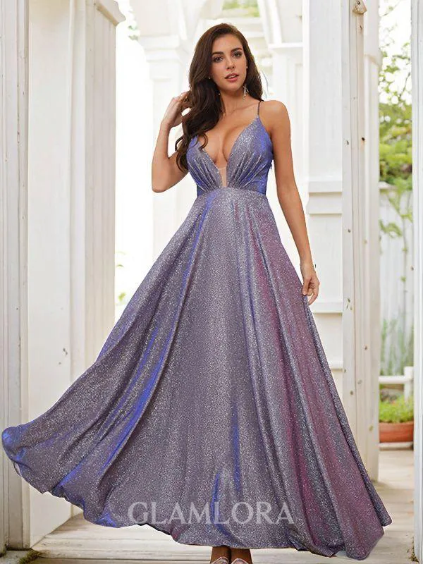 A-line V-Neck Sleeveless Floor-Length Flowing Evening Dresses