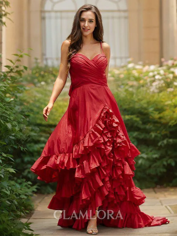 A-line V-Neck Pretty Sleeveless Asymmetrical Taffeta Evening Dresses