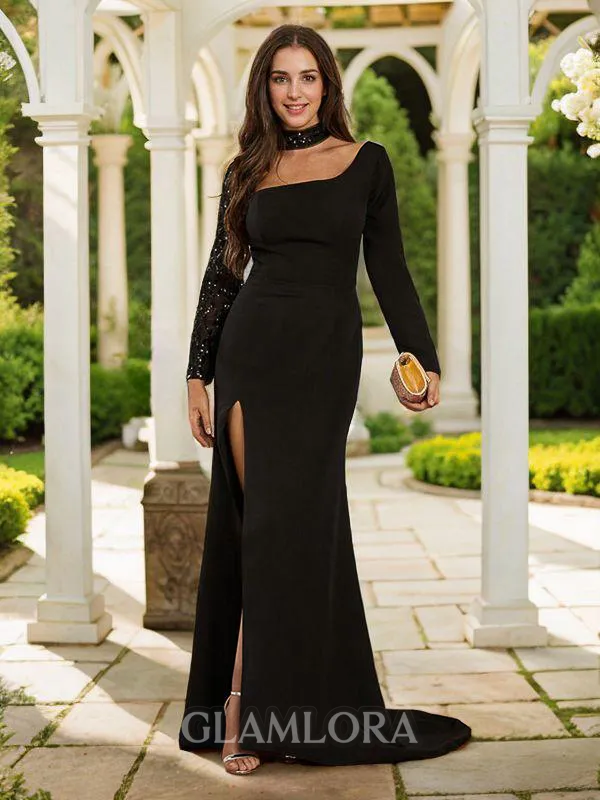 Sheath/Column Square Classic Long Sleeves Sweep Train Stretch Crepe Evening Dresses