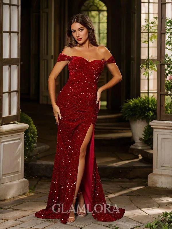 Timeless Sheath/Column Off-the-Shoulder Sweep Train Velvet Sequins Evening Dress With Slit