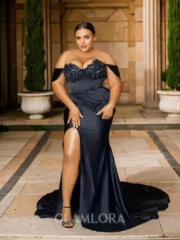 Plus Size Perfect Sheath/Column Off-the-Shoulder Court Train Silk like Satin Evening Dress With Slit