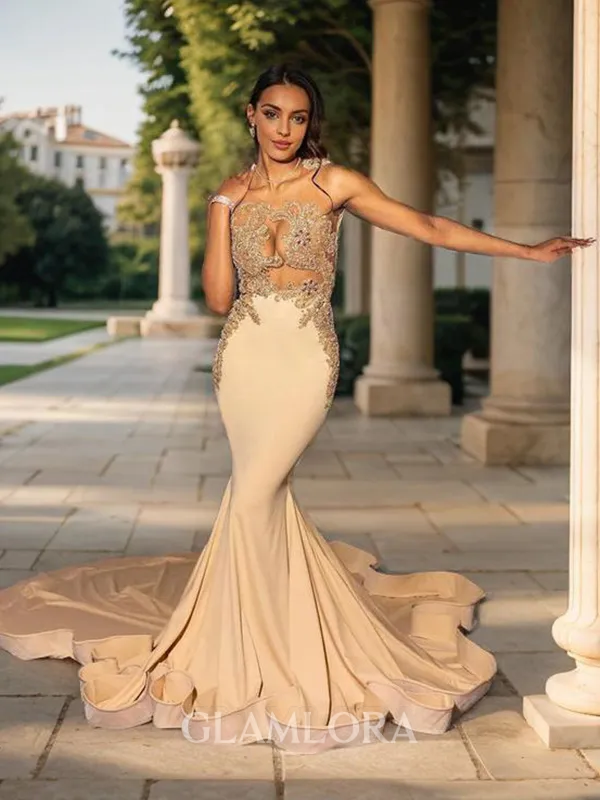 Trendy Trumpet/Mermaid Scoop Chapel Train Jersey Evening Dress With Appliques Lace