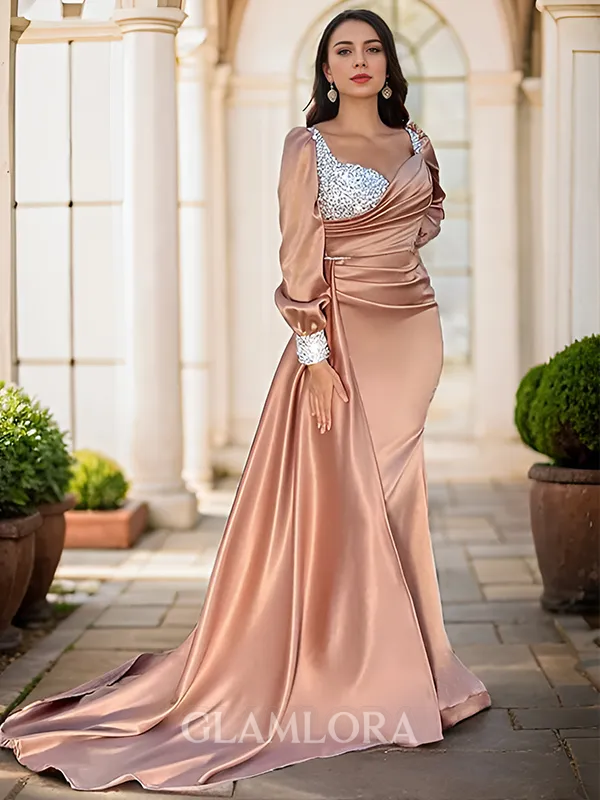 Sheath/Column Charming Sweetheart Long Sleeves Court Train Silk like Satin Evening Dress With Rhinestone
