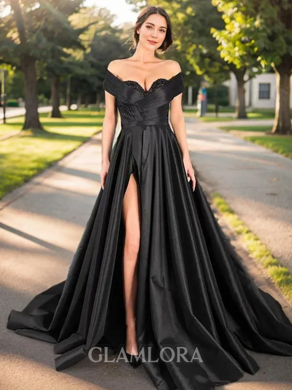 A-line Hot Off-the-Shoulder Sweep Train Taffeta Evening Dress With Slit