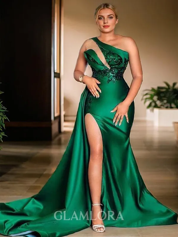 Plus Size Sheath/Column Exquisite One-Shoulder Court Train Satin Evening Dress With Slit