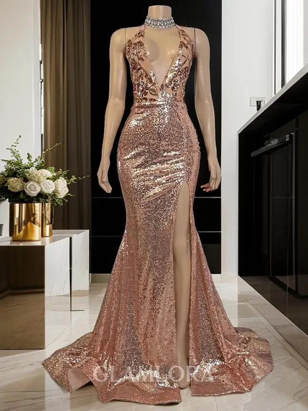 Sheath/Column Grand V-neck Sweep Train Sequins Evening Dress With Slit