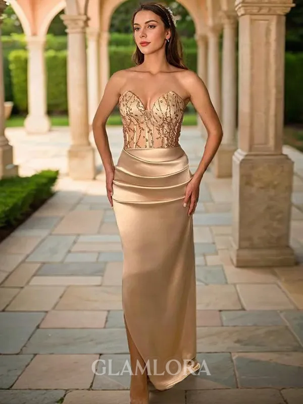 Sheath/Column Breathtaking Sweetheart Floor-Length Silk like Satin Corset Evening Dress With Slit