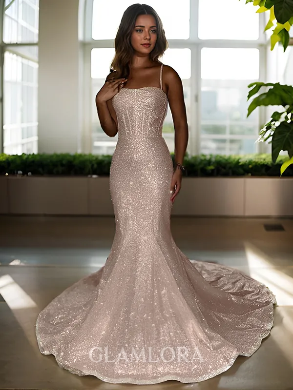 Gorgeous Sheath/Column Spaghetti Straps Court Train Corset Evening Dress
