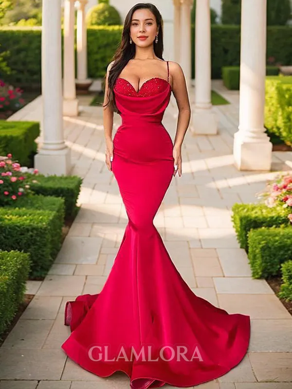 Trumpet/Mermaid Show-stopping Spaghetti Straps Sweep Train Charmeuse Evening Dress