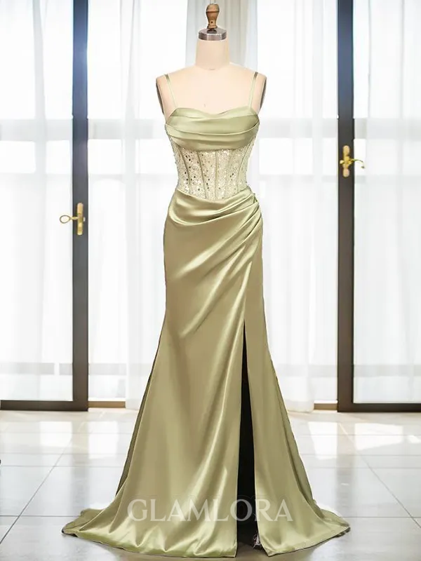 Sheath/Column Extravagant Spaghetti Straps Sweep Train Silk like Satin Corset Evening Dress With Slit