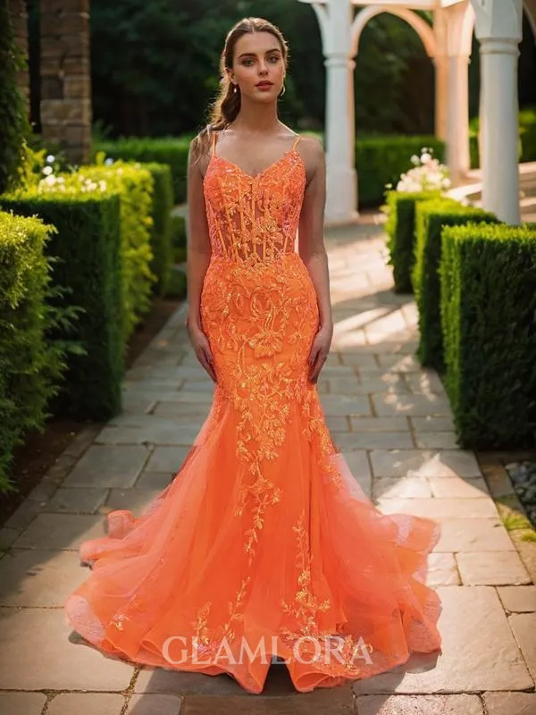 Unique Sheath/Column V-neck Sweep Train Tulle Corset Evening Dress With Appliques Lace