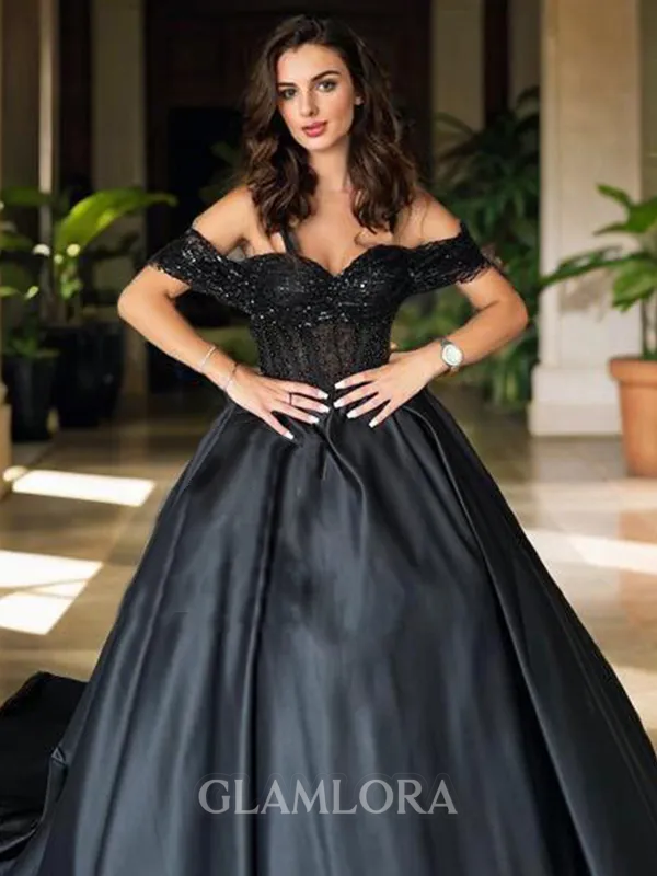 Ball-Gown Hermosos Off-the-Shoulder Chapel Train Satin Corset Evening Dress With Beading
