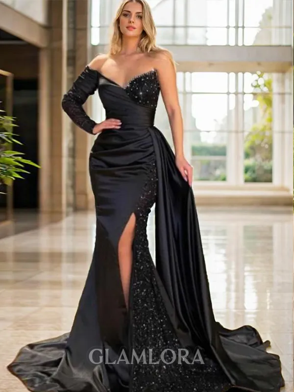 Fashion Sheath/Column Sweetheart Long Sleeves Sweep Train Silk like Satin Evening Dress With Slit