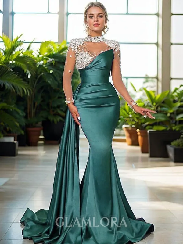 Sheath/Column Glam High Neck Long Sleeves Sweep Train Silk like Satin Evening Dress With Rhinestone