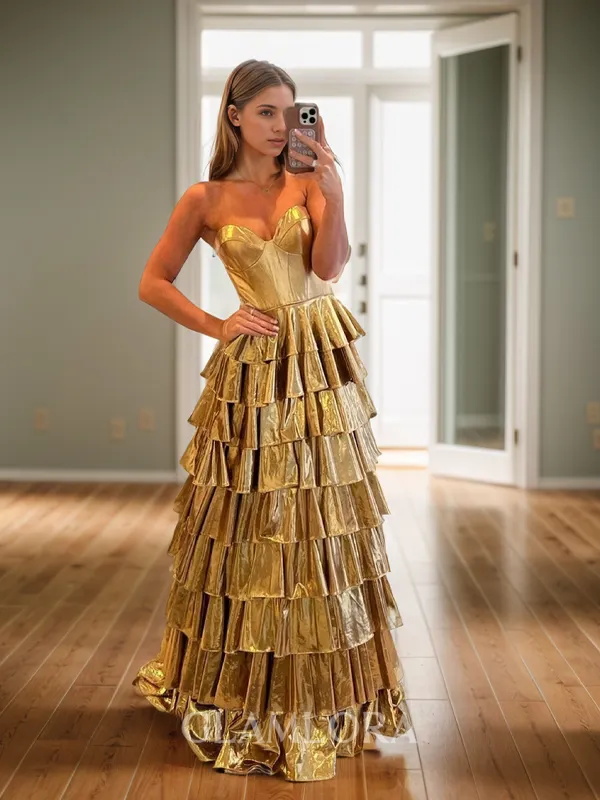 A-line Perfect Sweetheart Sweep Train Evening Dress With Cascading Ruffles