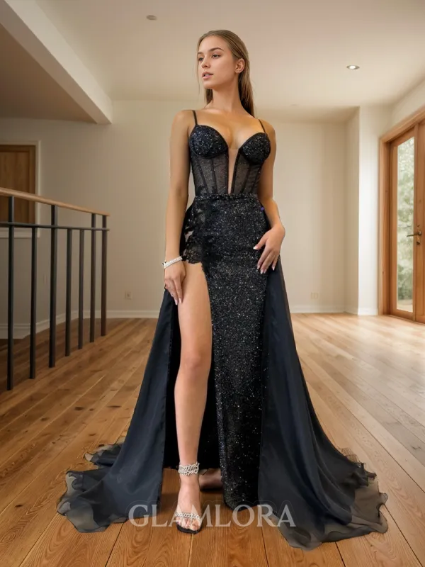 Glam Sheath/Column Spaghetti Straps Sweep Train Evening Dress With Slit