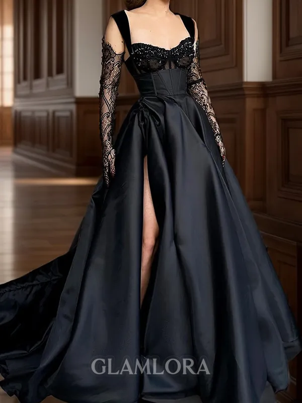 Enchanting A-line Straps Appliques Lace Court Train Satin Corset Evening Dress