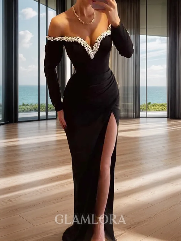 Gorgeous Sheath Off-the-Shoulder Long Sleeves Beading Floor-Length Stretch Crepe Evening Dress