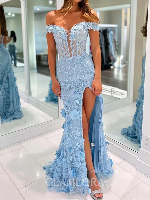 Perfect Sheath Off-the-Shoulder Appliques Lace Sweep Train Tulle Corset Evening Dress