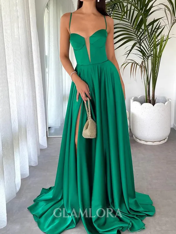 Trendy A-line Spaghetti Straps Sweep Train Silk Like Satin Corset Evening Dress