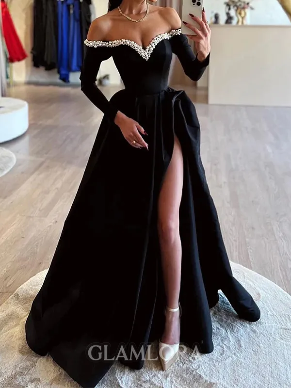 Opulent A-line Off-the-Shoulder Long Sleeves Beading Floor-Length Satin Evening Dress