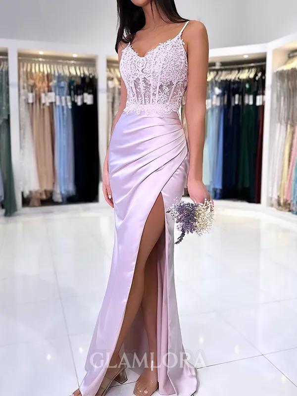 Grand Sheath V-Neck Appliques Lace Floor-Length Silk Like Satin Corset Evening Dress