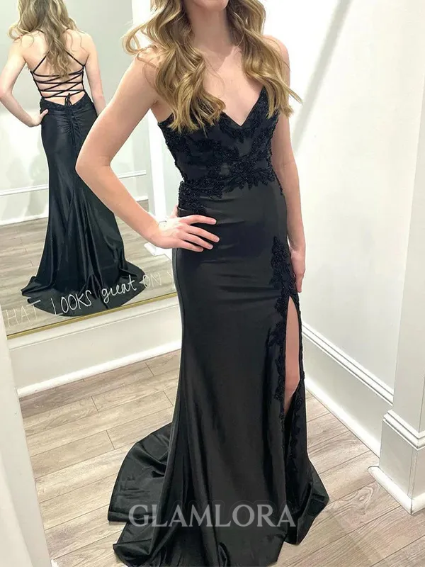 Fashion Sheath V-Neck Appliques Lace Sweep Train Silk Like Satin Evening Dress