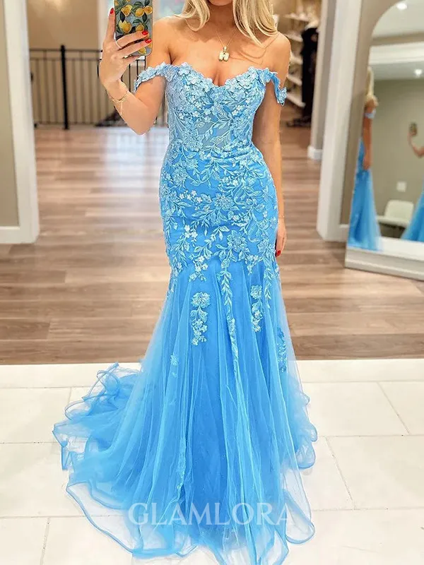 Unique Mermaid Off-the-Shoulder Appliques Lace Sweep Train Tulle Evening Dress