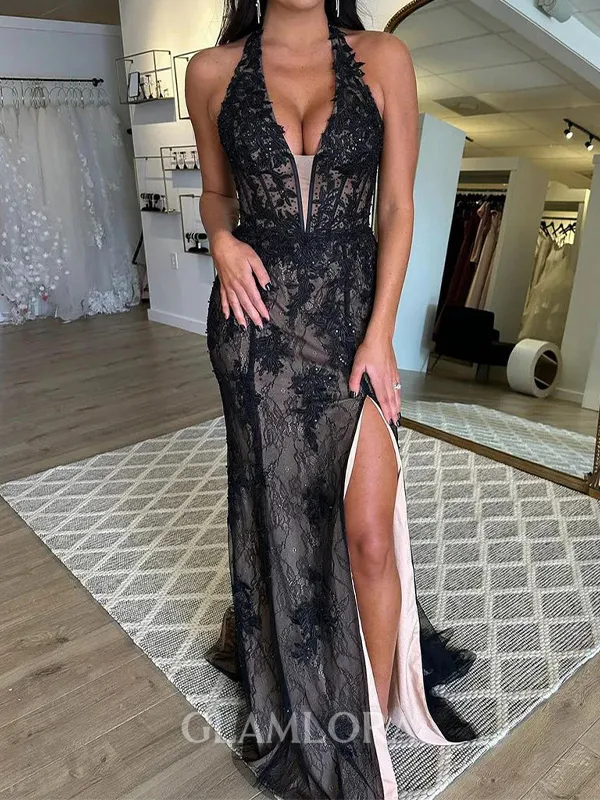 Charming Sheath V-Neck Appliques Lace Sweep Train Lace Corset Evening Dress