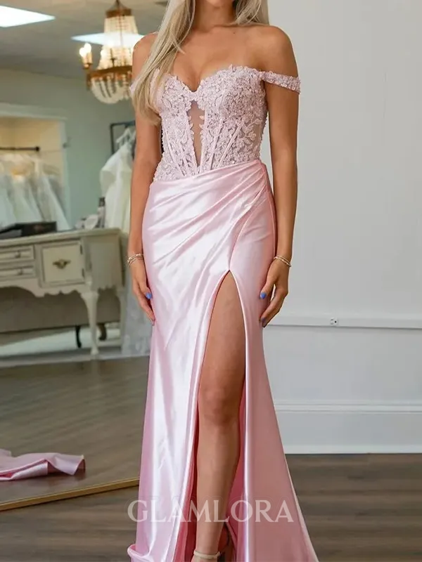 Delicate Sheath Off-the-Shoulder Appliques Lace Court Train Silk Like Satin Corset Evening Dress