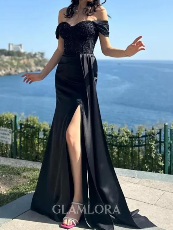 Splendid Sheath Off-the-Shoulder Pleated Sweep Train Silk like Satin Corset Evening Dress