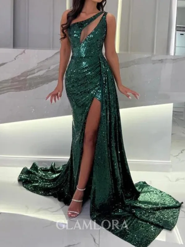 Enchanting Sheath One-Shoulder Sequin Court Train Sequins Evening Dress