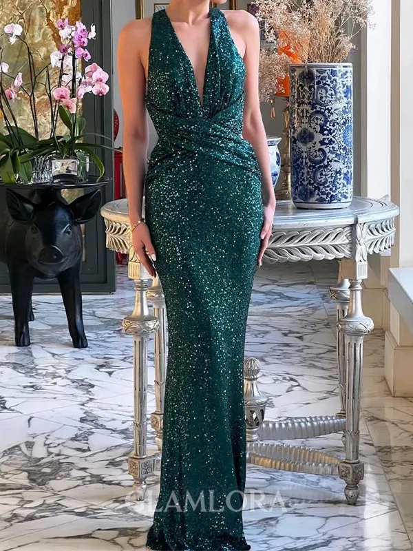 Gorgeous Sheath V-Neck Sequin Floor-Length Evening Dress