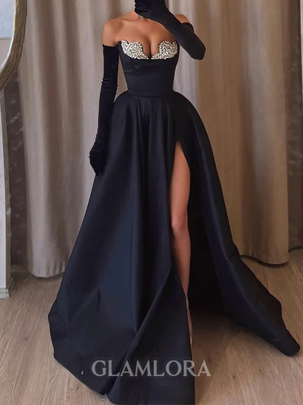 Luxurious A-line Sweetheart Long Sleeves Ruffles Floor-Length Satin Evening Dress