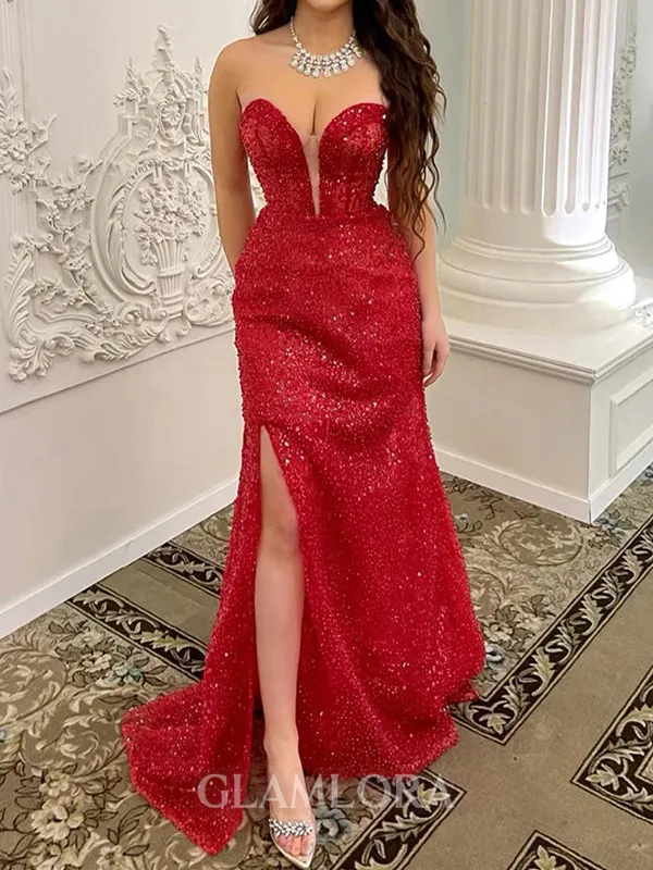 Show-stopping Sheath Sweetheart Sequin Sweep Train Evening Dress