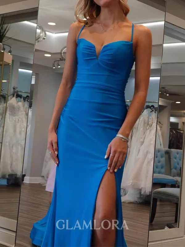 Mesmerizing Sheath Spaghetti Straps Pleated Sweep Train Jersey Evening Dress