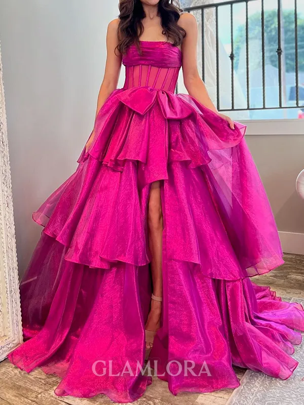 Captivating A-line Straight Cascading Ruffles Sweep Train Organza Corset Evening Dress