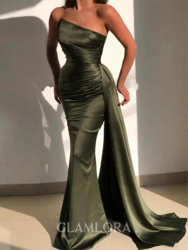 Striking Mermaid Square Pleated Sweep Train Silk like Satin Evening Dress