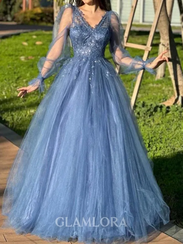 Aristocratic A-line V-Neck Long Sleeves Ruffles Floor-Length Tulle Evening Dress
