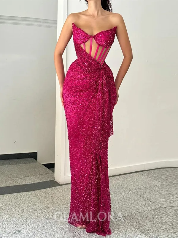 Extravagant Sheath Sweetheart Sequin Floor-Length Corset Evening Dress