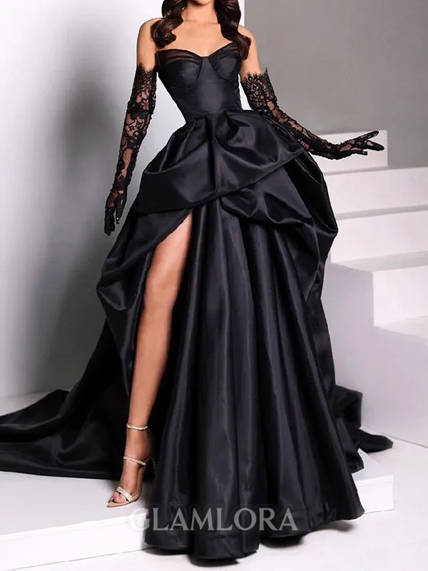 classy A-line Sweetheart Pleated Chapel Train Satin Evening Dress