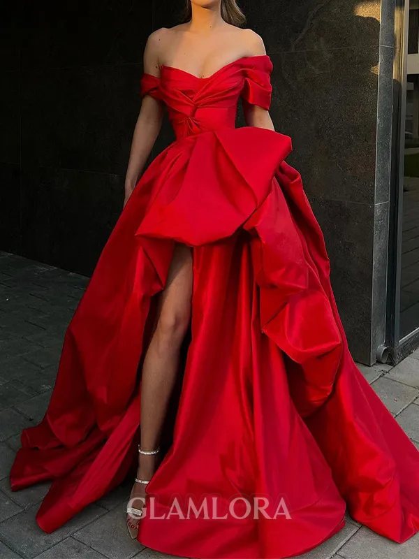 Hermosos A-line Off-the-Shoulder Pleated Sweep Train Satin Evening Dress