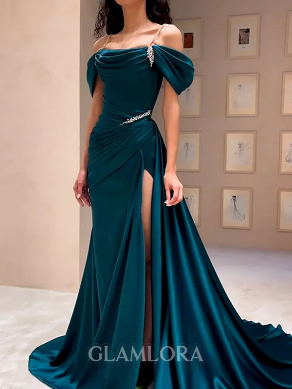 Fashion Sheath Cold Shoulder Pleated Court Train Silk Like Satin Evening Dress